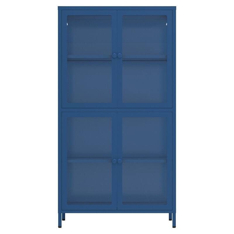 Storage Cabinet with 4 Glass Doors, Modern Sideboard Cabinet with Adjustable Shelves & Steel Feet, Accent Cabinet for Kitchen