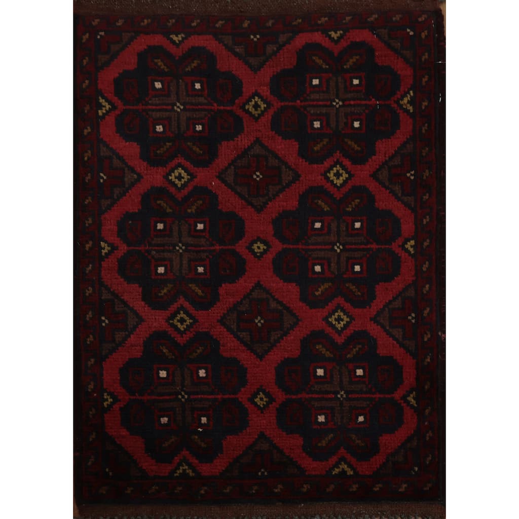 Hand Knotted Oriental 100% Wool Carpet Traditional Geometric Red Balouch Area Rug - 2' 1'' X 1' 6''
