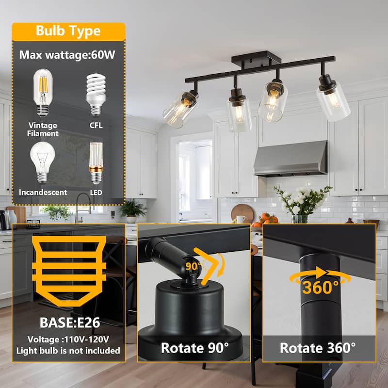 4-Lights Track Lighting Fixtures Ceiling with Clear Glass Shades, Modern Black Semi Flush Mount Ceiling Light(Bulb Not Included)