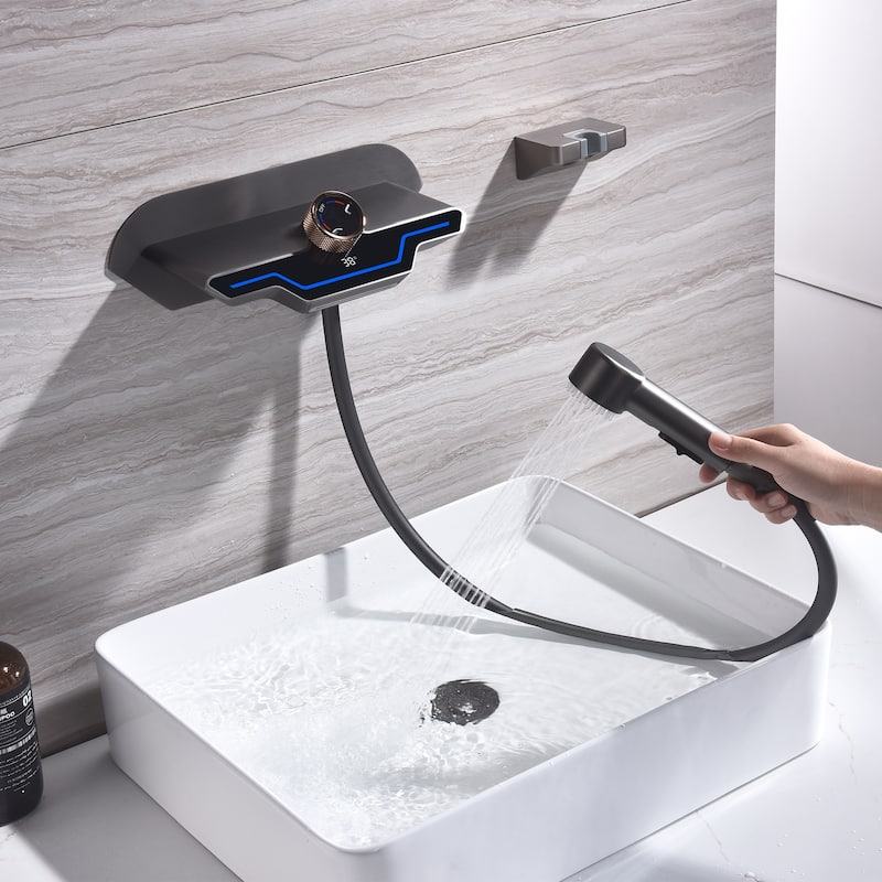 Wall-mounted Brass LED Digital Display Bathroom Faucets With Handheld Shower
