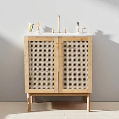 30" Bathroom Vanity with Handmade Rattan Doors, Ceramic Basin, Soft-Close Mechanism & Natural Bamboo Frame