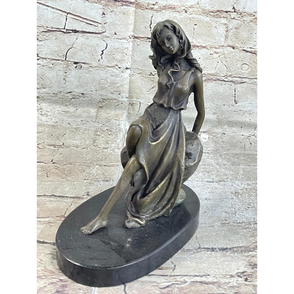 Young Girl Laying Against Rock Bronze Figure Statue Sculpture Decor 8 Inches X 6 Inches