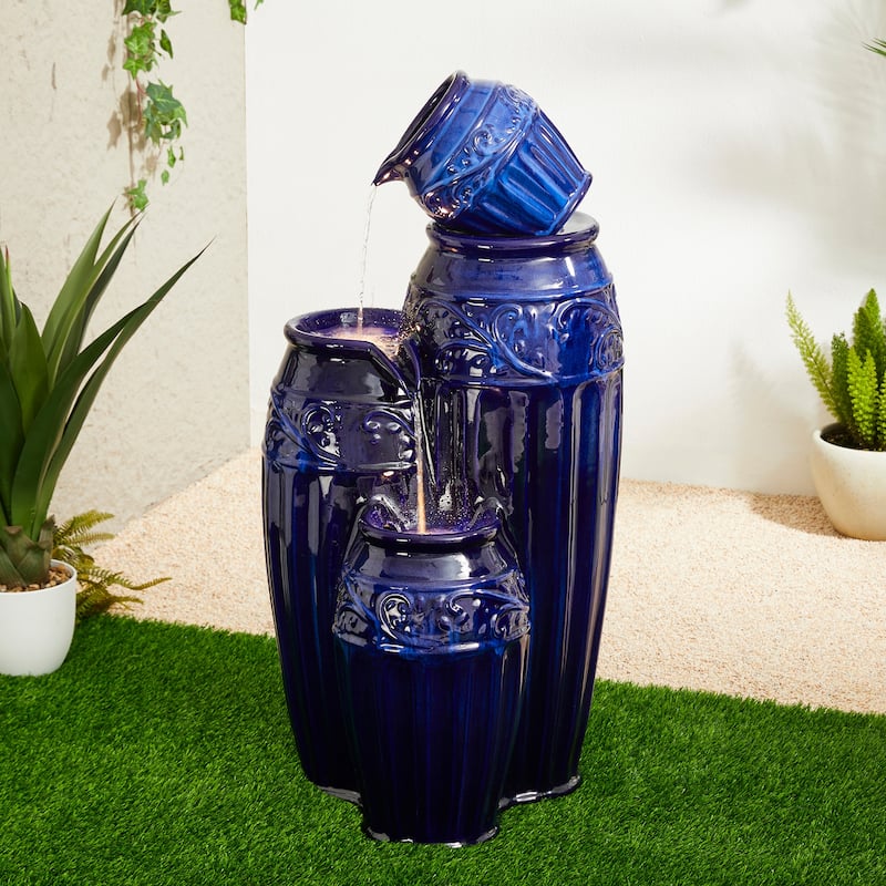 Glitzhome 27"H/35"H 4-Tier Embossed Pattern LED Ceramic Pots Fountain - Blue - 35.5"H