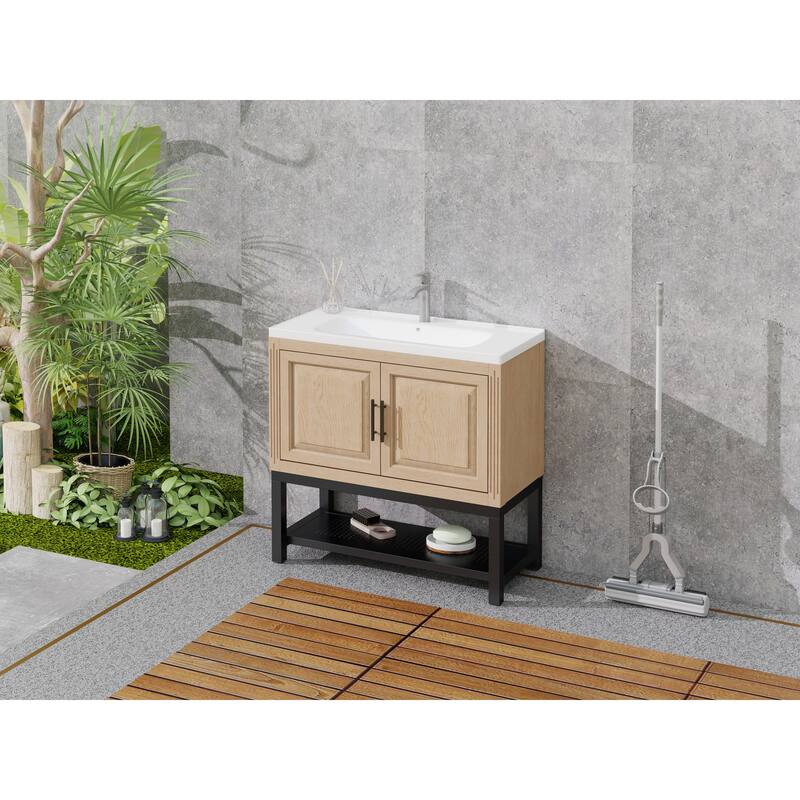 36" Bathroom Vanity with White Ceramic Sink & Hot and Cold Faucet, Freestanding Bathroom Cabinet with 2 Storage Doors