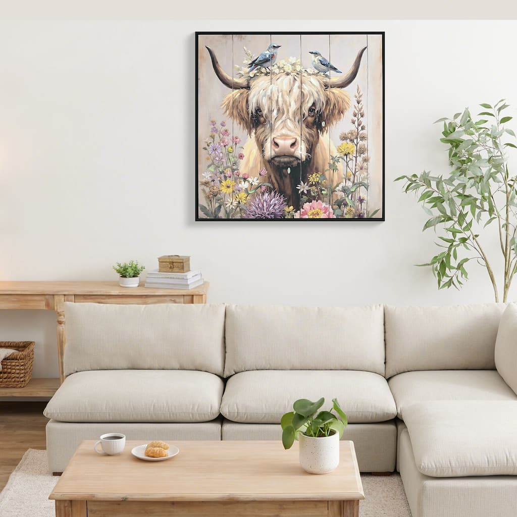 Farmhouse Highland Cow Wall Decor in Neutral colour: Rustic Cow and Chrysanthemum picture Canvas Art Print