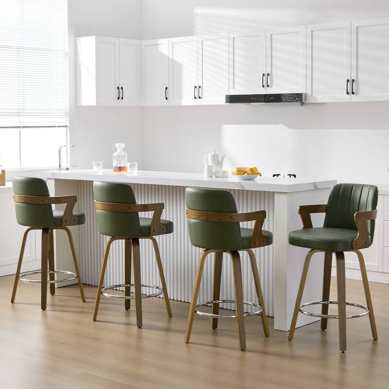 Upholstered Wood Swivel Counter Height Barstool with Arms - 37.8"H x 18.7"W x 19.29"D - Set of 4 - Green