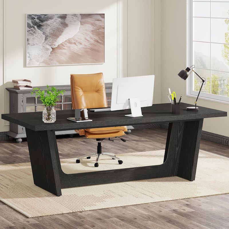 71 Inches Executive Desk, Large Home Office Desk with Solid Wooden Pedestal - Black