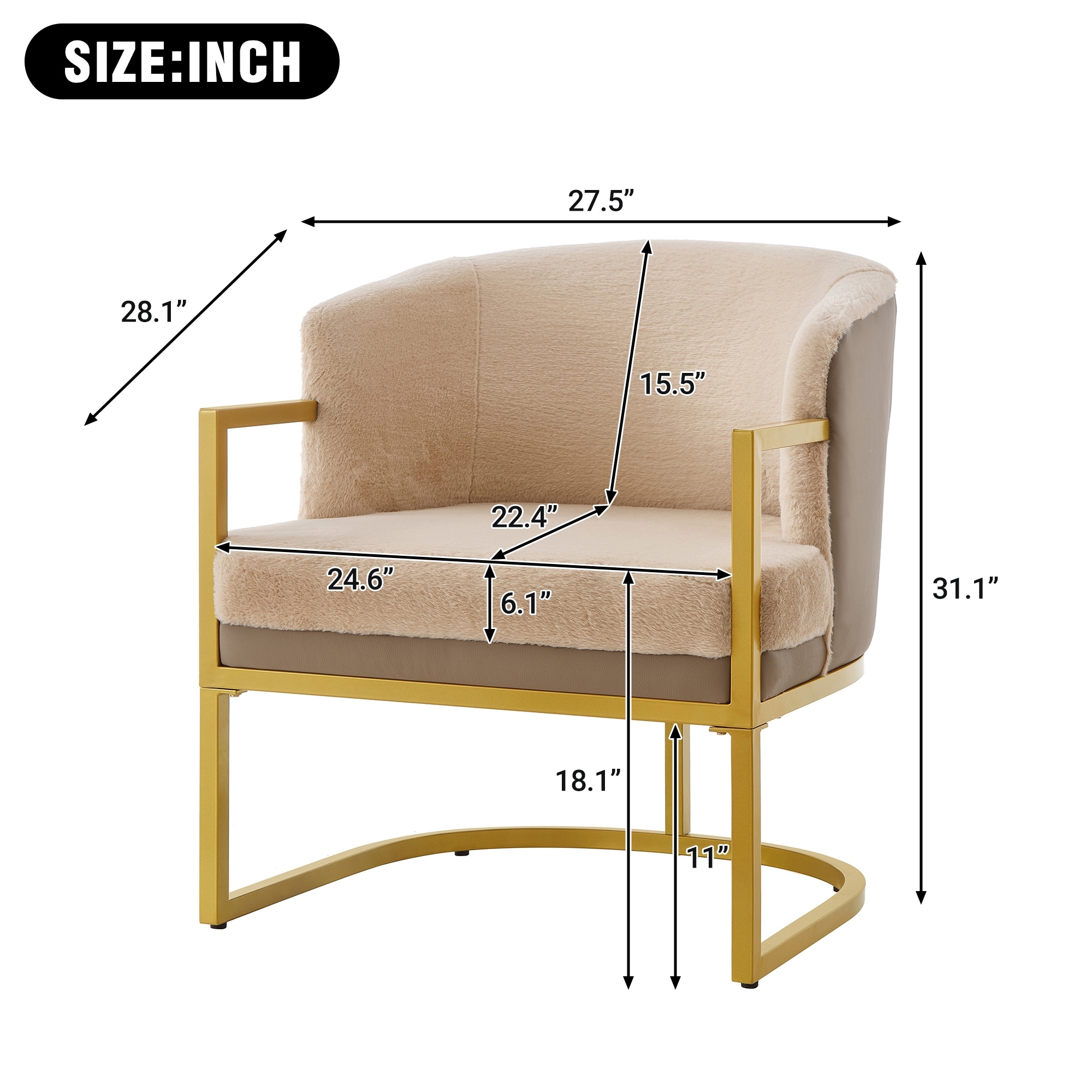 Modern Accent Chair Cozy Armchair Upholstered Reading Chair with Gold Metal Frame Living Room, Bedroom, or Office, Beige