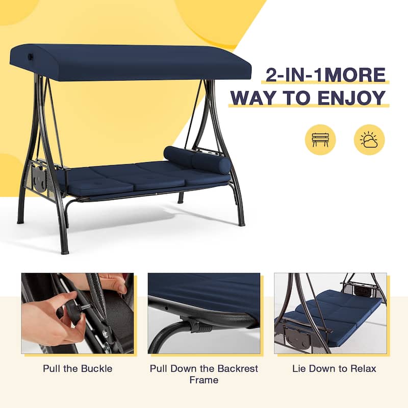 3-Seat Patio Swing with Adjustable Canopy, 750lbs Heavy Duty, Convertible Outdoor Bed, All-Weather, Cup Holders & Thick Cushions