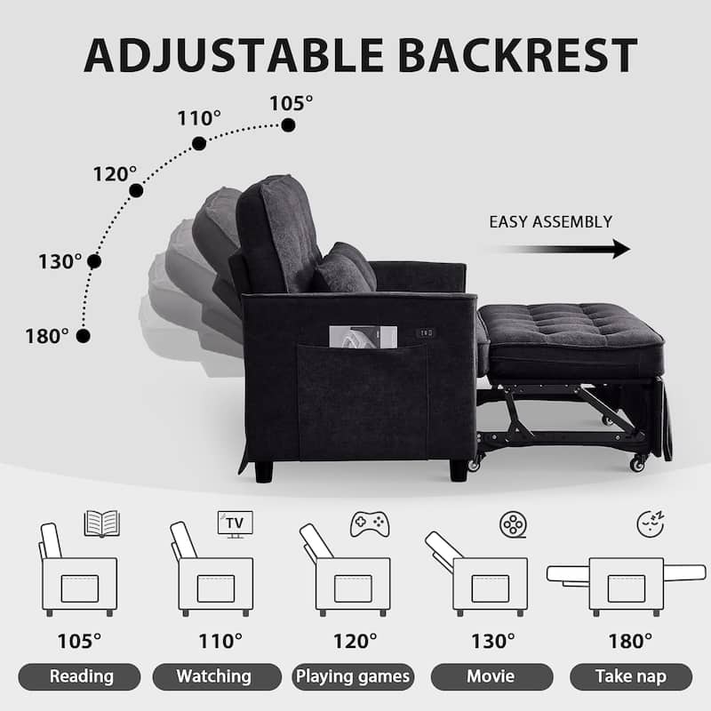 Convertible Sofa Bed,3 in 1 Pull Out Couch,Loveseat Sleeper with Adjustable Backrest,Side Pocket,USB Charging Port
