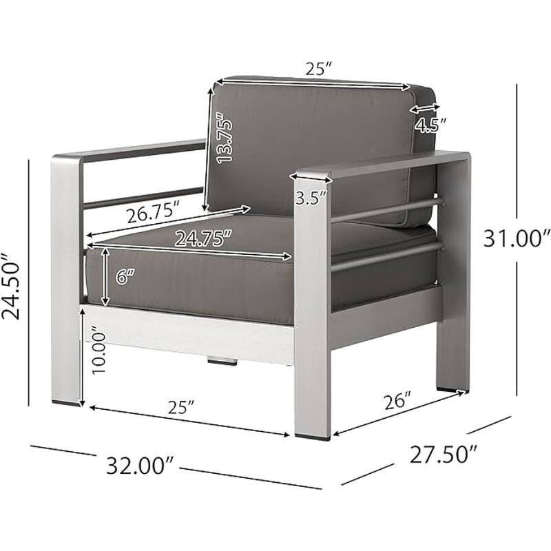 Roomfitters Cape Coral Outdoor Aluminum Club Chairs with High Density Foam Cushions, Silver and Grey