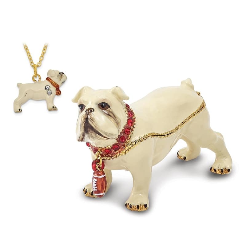 Curata Pewter Crystals Gold-Tone Enameled Butch Bulldog W/Football Trinket Box on 18 Inch Necklace