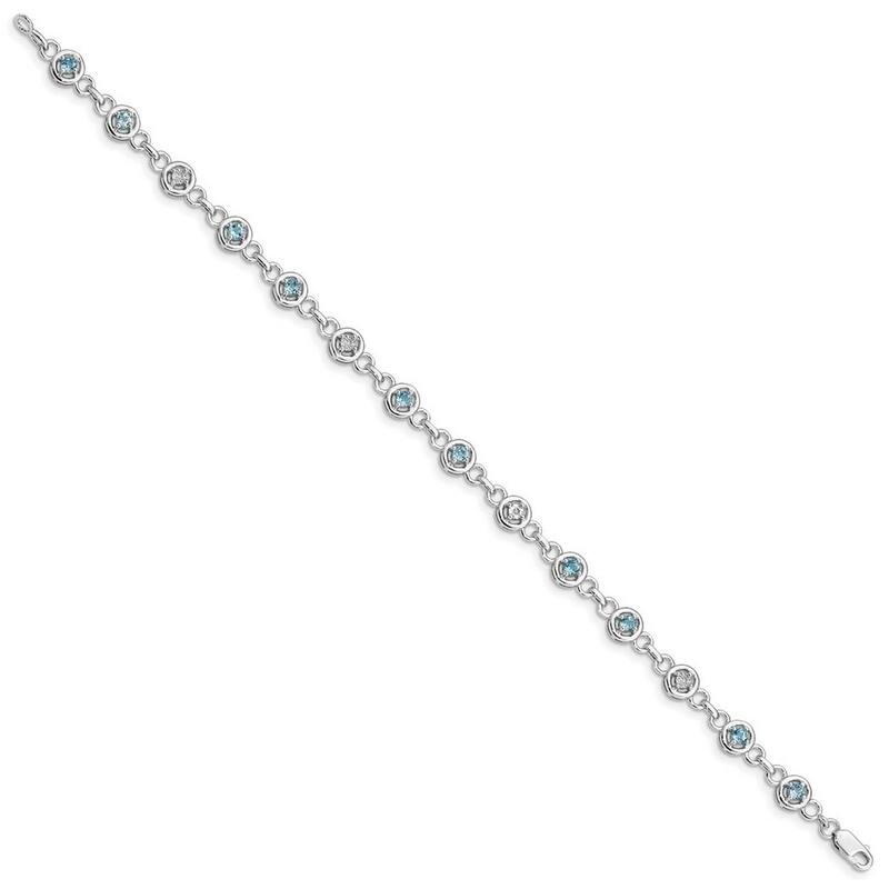 Curata 925 Sterling Silver Polished Lobster Claw Closure Blue Topaz and Diamond Bracelet