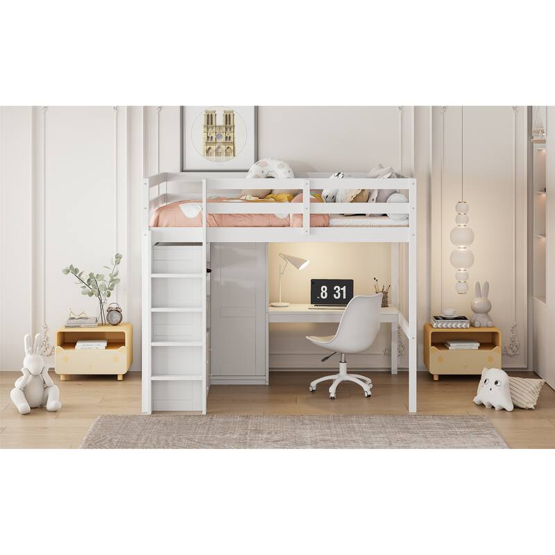 Full Size Loft Bed with Built-in Wardrobe, Desk, Storage Shelves, and Drawers, White