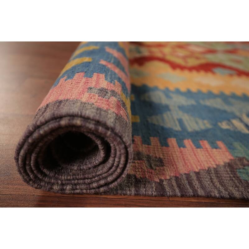 Geometric Kilim Oriental Area Rug Multi-Color Flatweave Wool Carpet - 8'4" x 11'10"