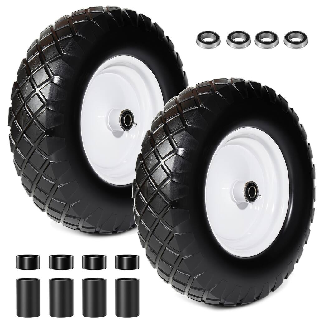 Flat-Free Solid Wheelbarrow Tire and Wheel, 16" Solid Tire with 5/8" Bearings, 3" Hub for Hand Truck, Garden Cart, Set of 2