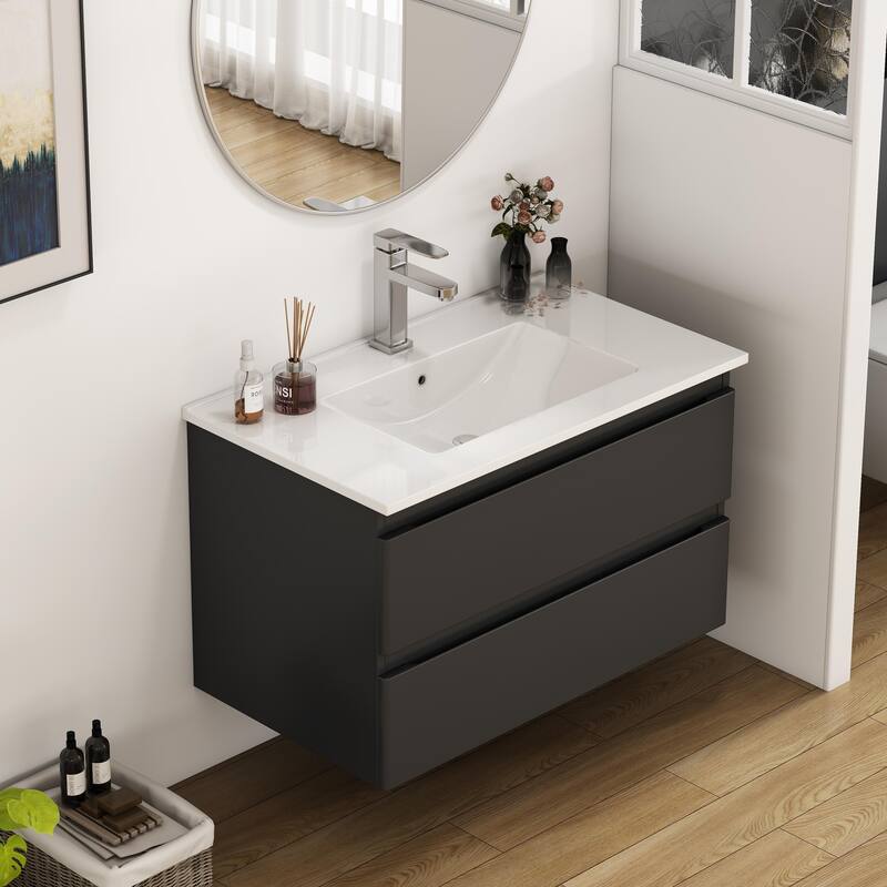 32 Inch Floating Bathroom Vanity with One-piece Ceramic Sink, Wall Mounted Cabinet with 2 Drawers