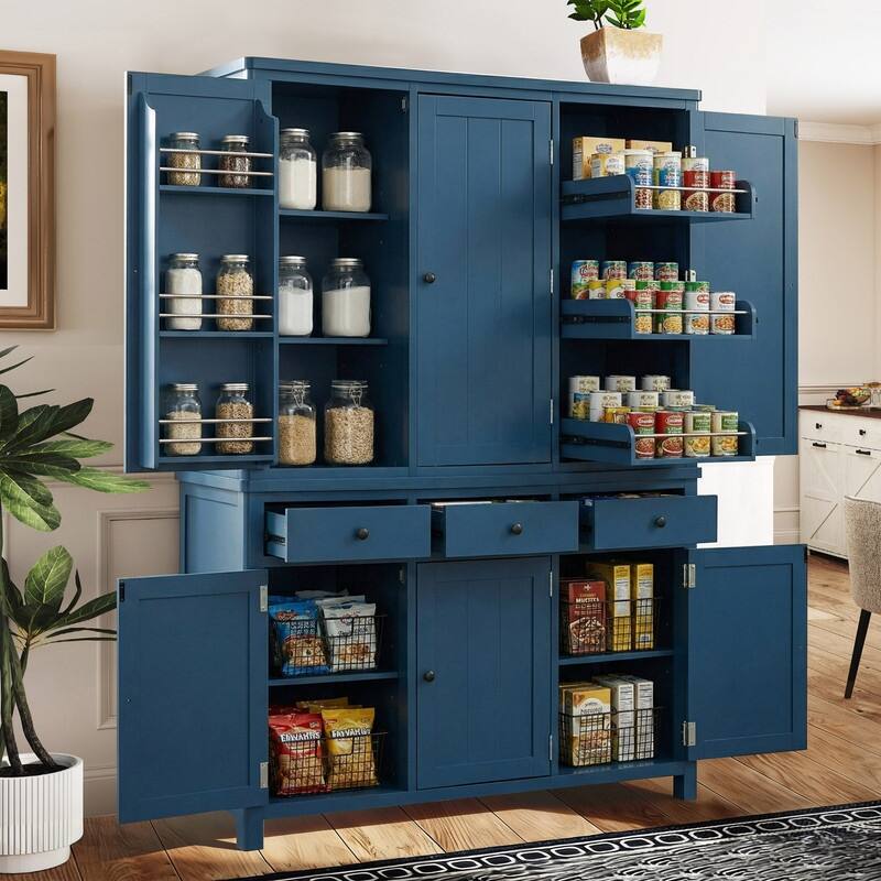 Farmhouse 74.8"Tall Freestanding Kitchen Pantry with Door Shelves,Adjustable Shelves, Pull-out Trays and Drawers - Blue