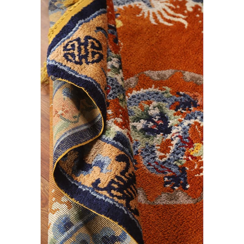 Hand Knotted Oriental Silk Carpet Traditional Medallion Oranges & Rust Art Deco Area Rug - 6' 2'' X 4' 0''