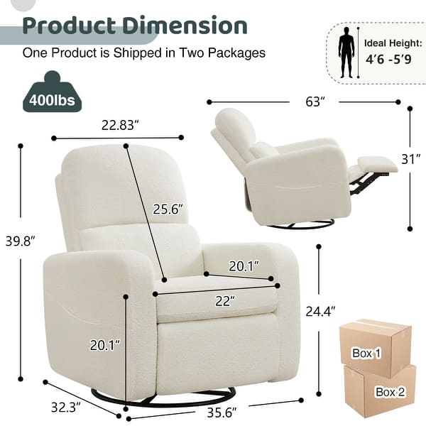 dimension image slide 0 of 2, Swivel Manual Recliner Chair Teddy Fabric Nursery Glider Rocking Recliner Set of 2