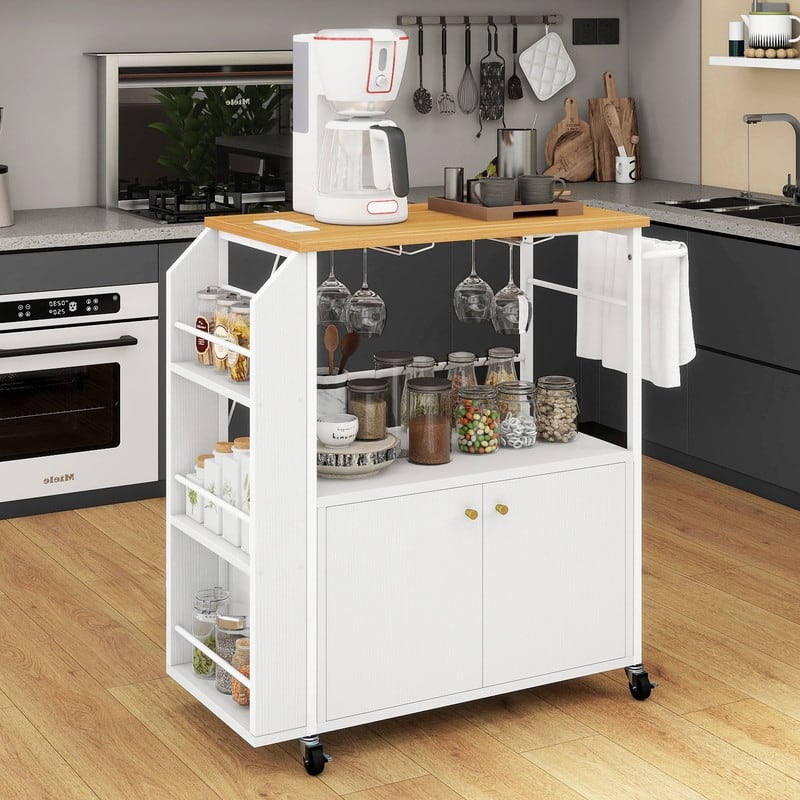 Rolling Kitchen Island Cart With Storage Shelf and Power Outlet - White