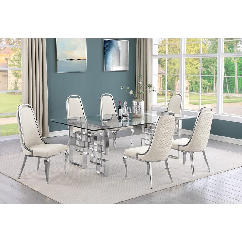 Best Quality Furniture Big Glass Table Dining Sets - 7pcs - Chrome - Cream
