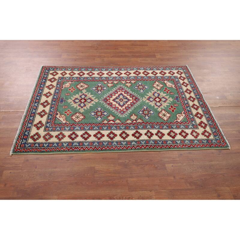 Green Geometric Kazak Foyer Rug Hand-Knotted Wool Carpet - 3'3" x 4'10"