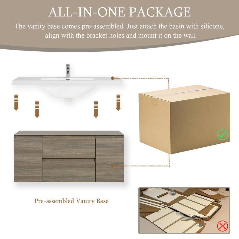 ABRUZZO 48" Floating Bathroom Vanity with Integrated Resin Top Basin 2 Cabinets 2 Soft Close Drawers Full Assembly
