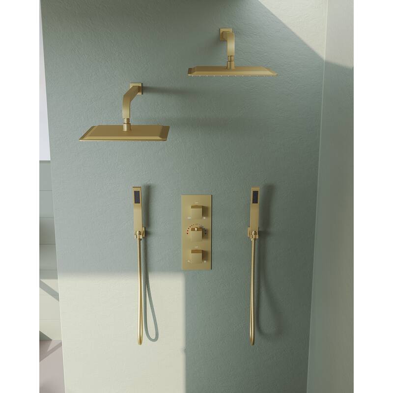 GRANDJOY 12 inch Wall Mounted Dual Shower Heads with Handheld Spray Combo Thermostatic High Pressure Shower System