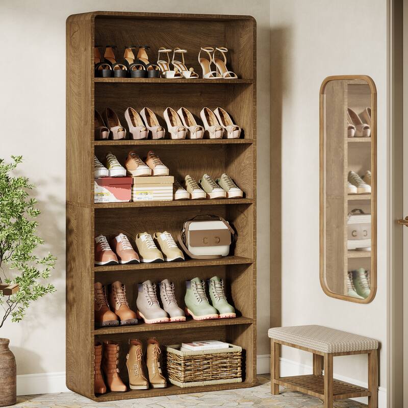 71" Shoe Storage Cabinet, 6-Tier Wooden Vertical Shoe Rack Organizer with Open Shelf for Entryway, Living Room - Brown