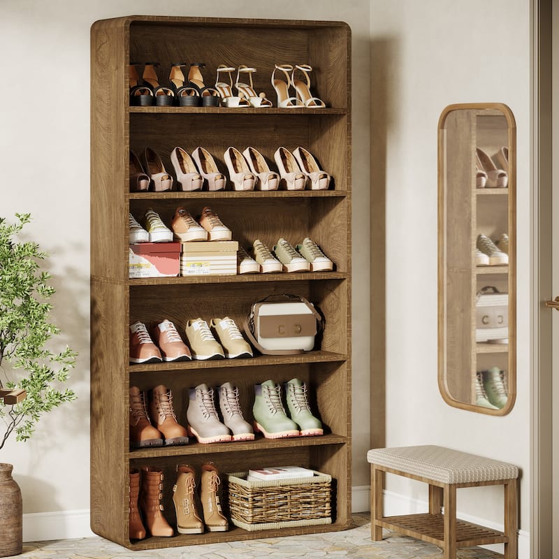 71-Inch Tall Shoe Storage Cabinet, 6-Tier Wooden Shoe Rack Organizer - Brown