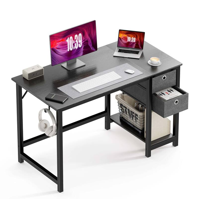 Home Office Corner Desk with Hutch, L Shaped Desk with Drawers and Bookshelf, Modern Table Writing Desk Gaming Computer Desk - Black