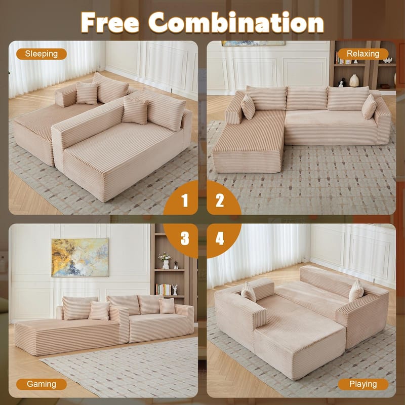 Boneless L-shaped Sectional Sofa with Chaise, Modular Sleeper Sofa Bed Corduroy Compression Deep Seat Sectional Couch