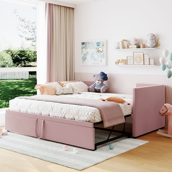 slide 2 of 13, Twin Size Extendable Daybed, Twin to King Size Extend Bed Upholstered Daybed with Pop Up Trundle for Living Room Bedroom, Pink Pink - Twin