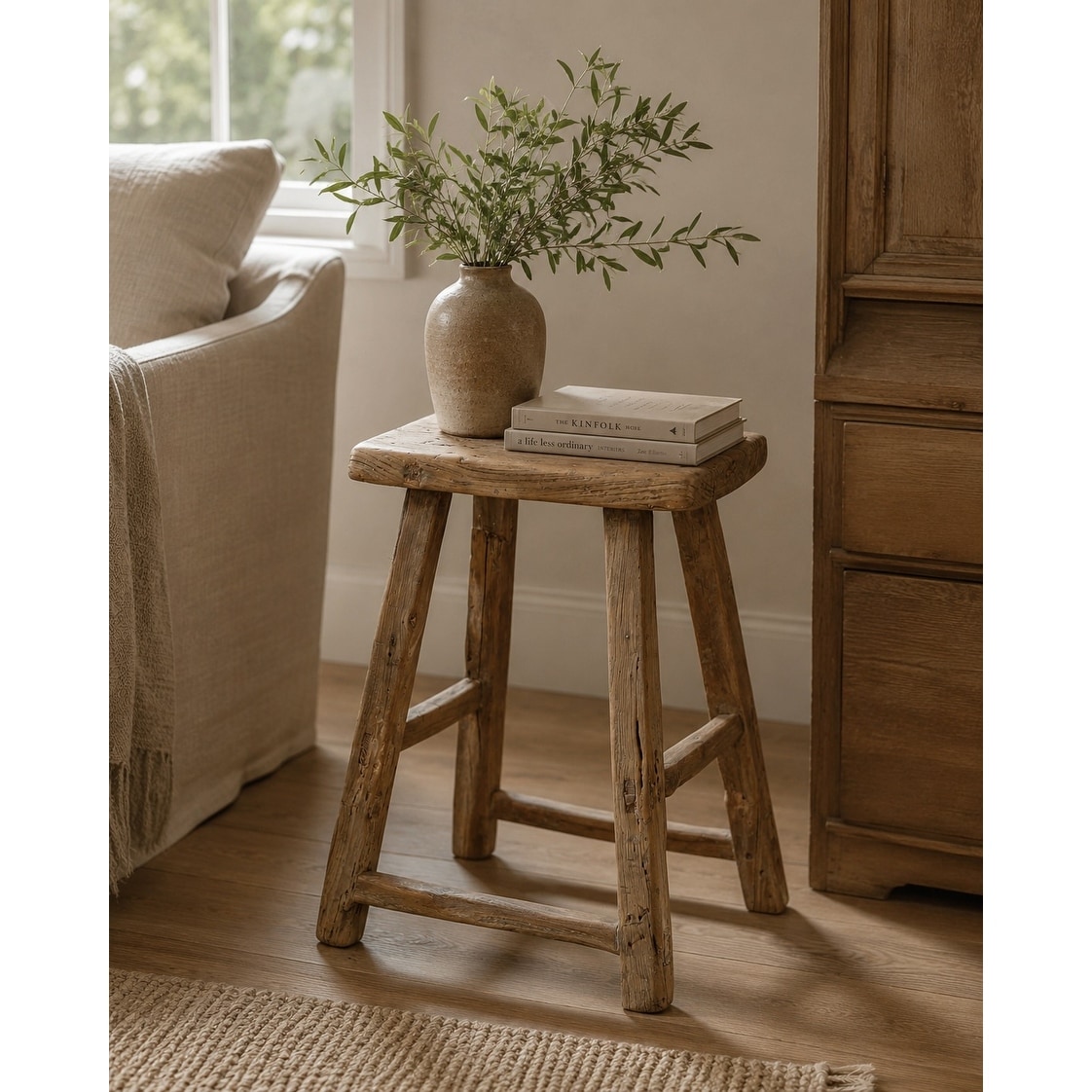Artissance Rectangular Rustic Vintage Stool, Weathered Natural Wood Finish (Size & Finish Vary) - Approx size 12-20 in wide