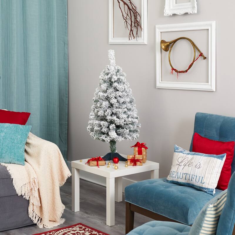 3ft. Flocked Spruce Artificial Christmas Tree with 50 Clear LED Lights - Compact Snowy Holiday X-Mas Accent