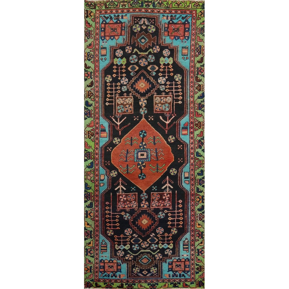 Hand Knotted Oriental 100% Wool Carpet Traditional Tribal Black Hamedan Runner Rug - 8' 6'' X 3' 4''
