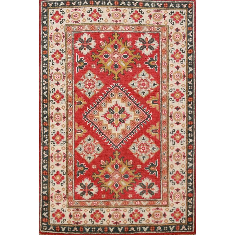 Red Geometric Kazak Foyer Rug Handmade Traditional Wool Carpet - 2'8"x 4'1"