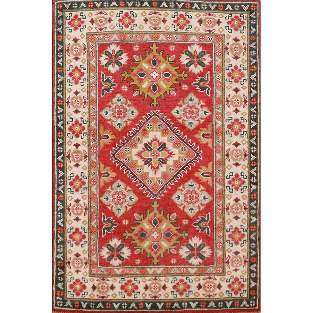 Red Geometric Kazak Foyer Rug Handmade Traditional Wool Carpet - 2'8"x 4'1"
