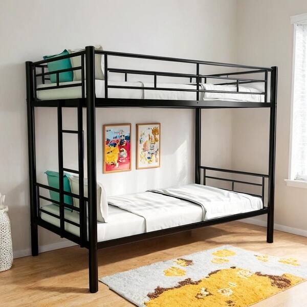 slide 2 of 15, Twin over Twin Bunk Bed, Metal Frame with Storage Space Black