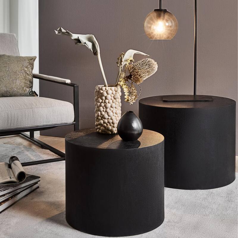 Modern Farmhouse Round Accent Nesting Side Coffee Table Set (Set of 2) - Black