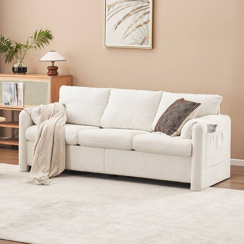 76.77" Chenille 3-Seater Sofa with Barrel Back & Sturdy Frame - Ivory White