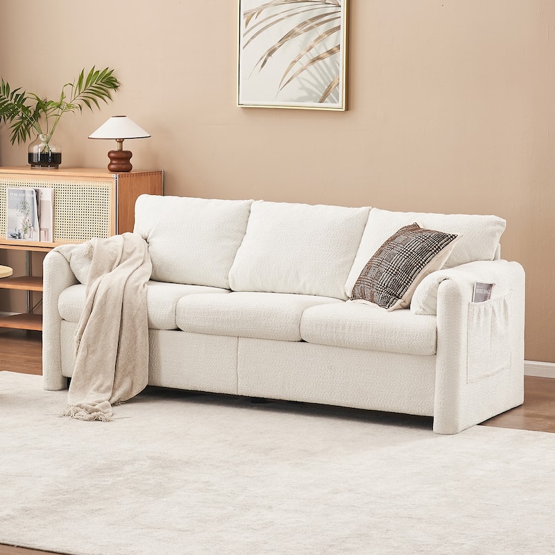 Minimalist Ergonomic 3-Seater Sofa Couch with Armrests, Ivory White Sleeper Sofa Couch for Living Room Bedroom