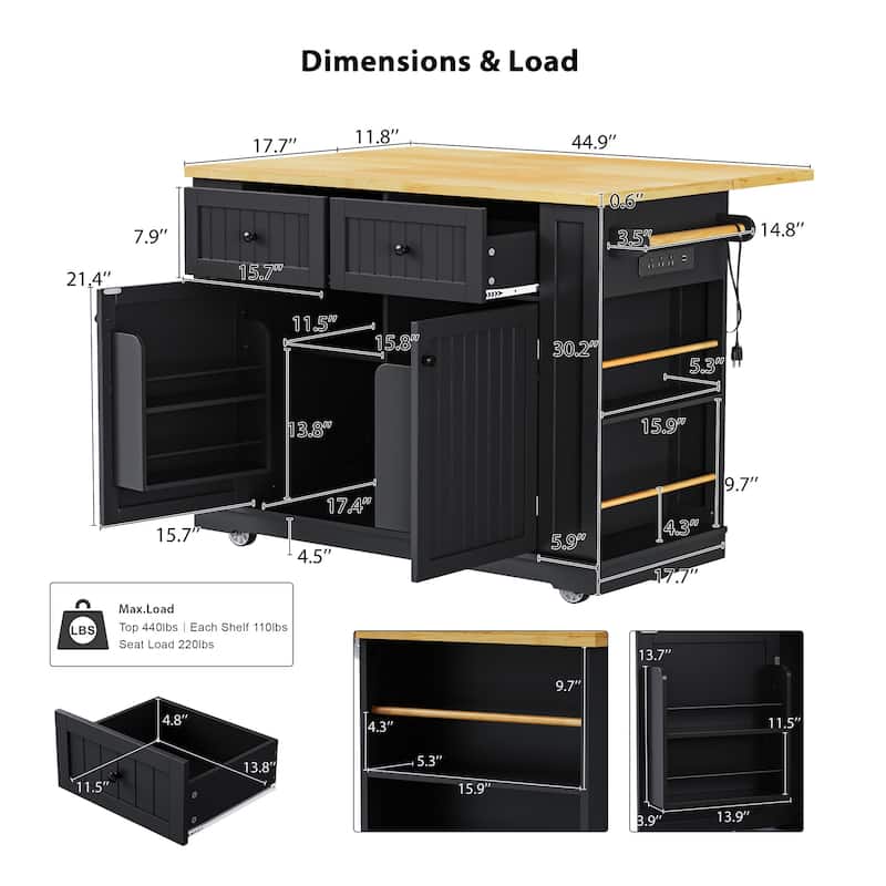 48" Large Kitchen Island with Drop Leaf,Power Outlet,For Kitchen,Dining Room(Not Include Stools)