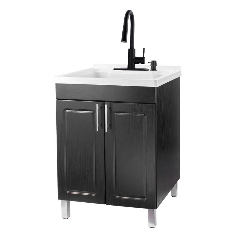 TEHILA Black Utility Sink Cabinet, High Arc Faucet, Soap Dispenser - Black
