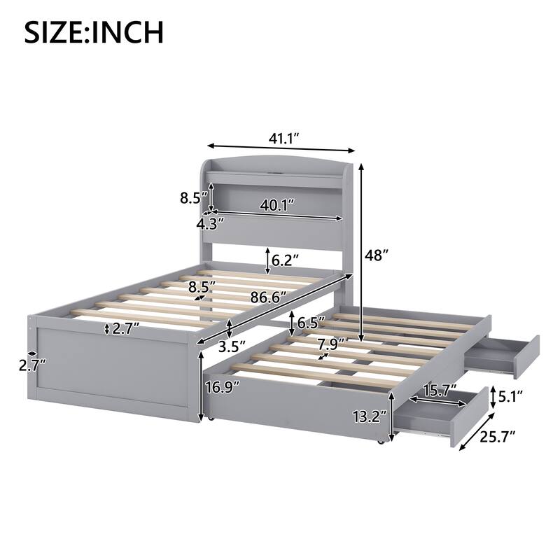 Twin XL Size Platform Bed Frame with LED Headboard, Charging Station, Storage Drawers and Trundle, Perfect for Small Spaces