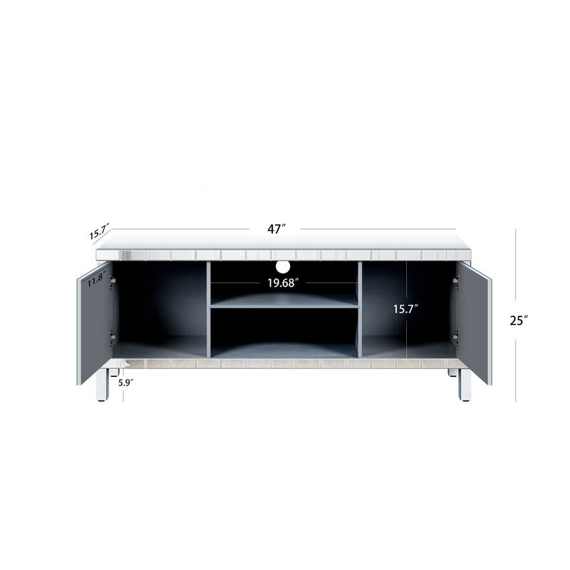 Roomfitters 47" Mirrored TV Stand for TVs up to 50", Silver Media Console with Diamond Glass Doors & Open Storage