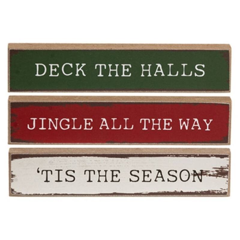 Rustic Christmas Mini Wooden Sign Set Deck the Halls Theme - 3 Asstd. - 6" x 0.50" x 1" - White-Red-Green