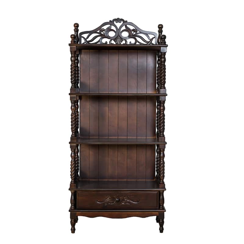Wooden Bookcase Shelf with Carved Details and Filigree Accents, Brown