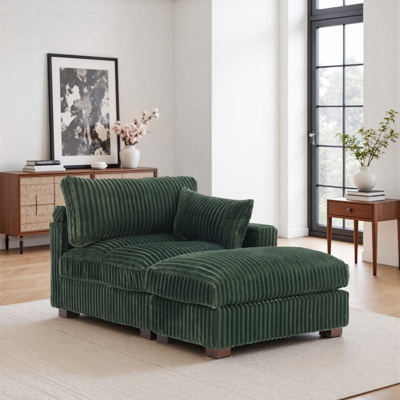 Modren Plush Upholstered Coner Chair and Ottoman Set - Green - Right Facing